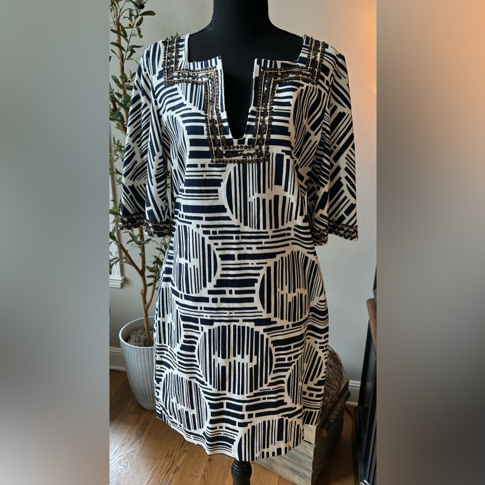 Trina Turk Navy White Cotton Lek Bamboo Forest Embellished Dress - size 10
